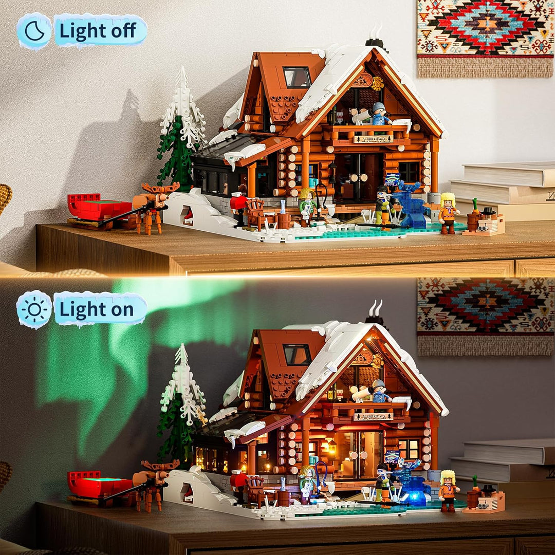 Lumibricks Aurora Cabin mit LED– 2425 Teile Holzhaus Bausatz mit Nordlicht-Projektion, Innovatives A