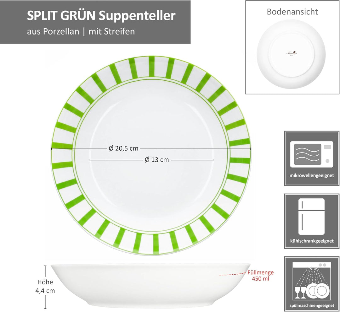 MamboCat Split grün 6er Set Suppenteller I 450ml I weisses Porzellan-Geschirr mit Streifen für 6 Per