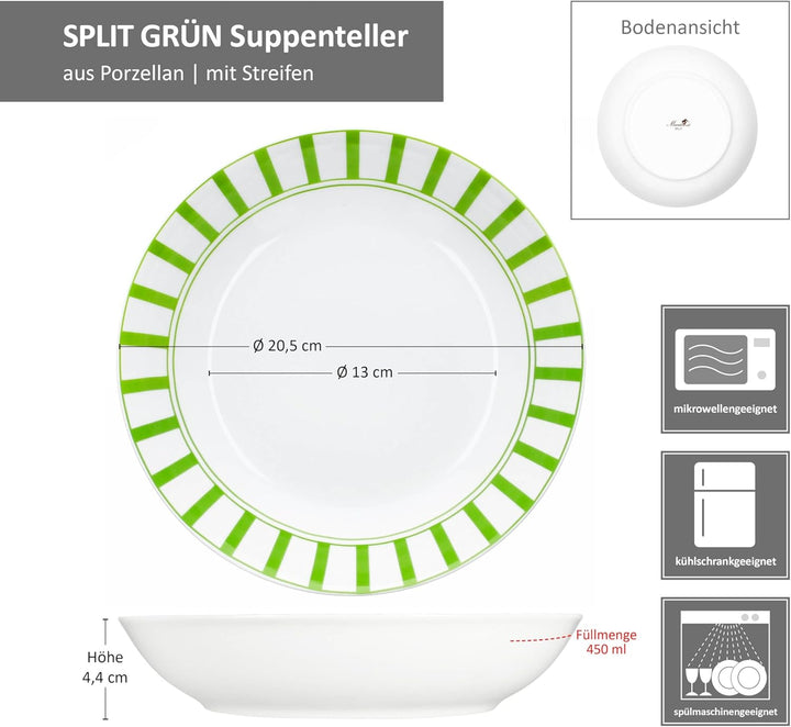 MamboCat Split grün 6er Set Suppenteller I 450ml I weisses Porzellan-Geschirr mit Streifen für 6 Per