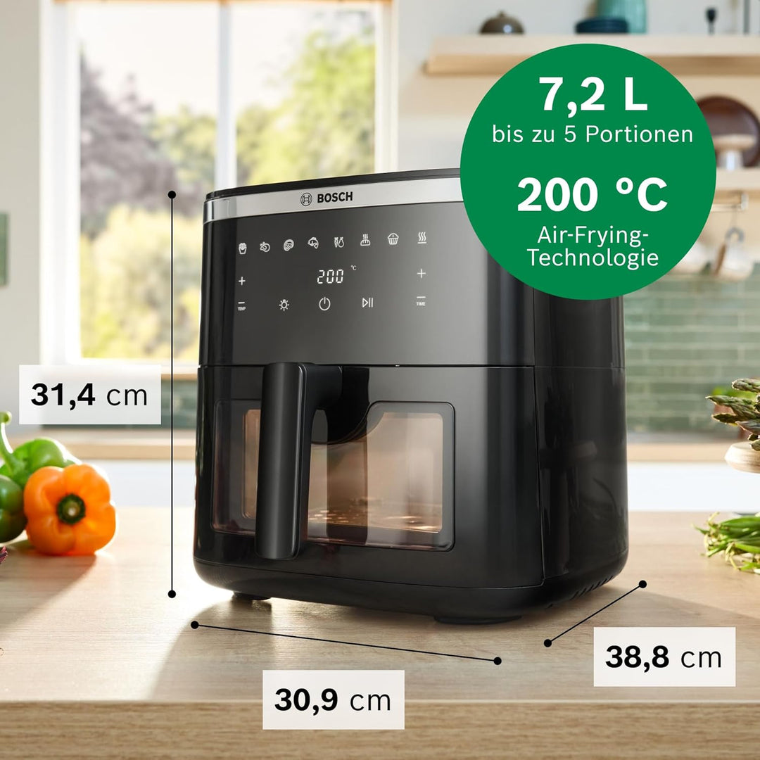 Bosch Heissluftfritteuse Serie 6, XXL 7,2 L Fassungsvermögen, 7 voreingestellte Programme, beleuchte