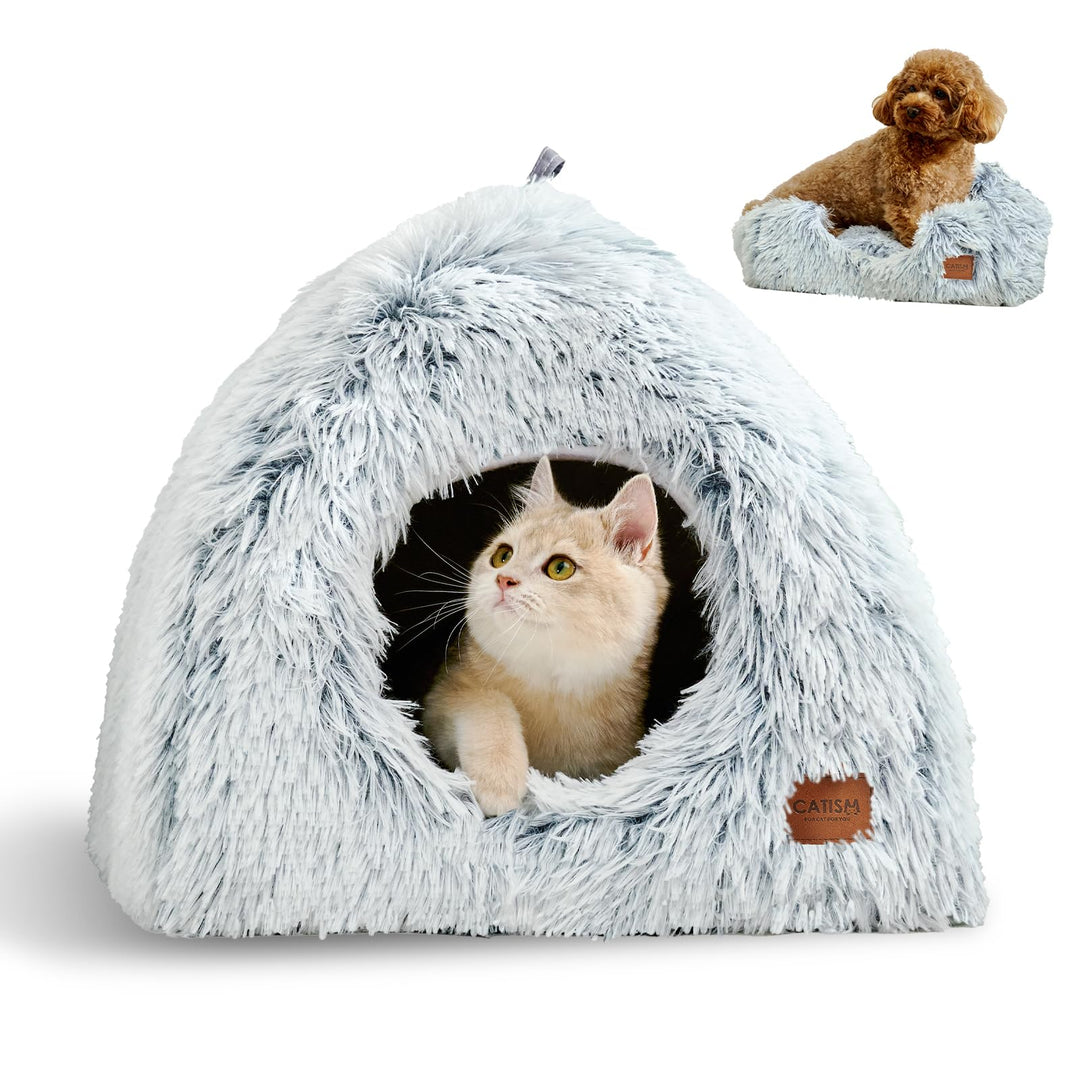 CATISM Katzenhöhle Katzenbett Katzenhaus Kuschelhöhle 45x45cm, 2 in 1 Faltbar Waschbar Bequemer Katz