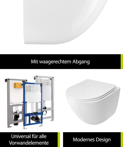 'aquaSu® Spülrandloses Wand-WC Set Levanto, Design Hänge-WC, Tiefspüler, Keramik, Abgang waagerecht,