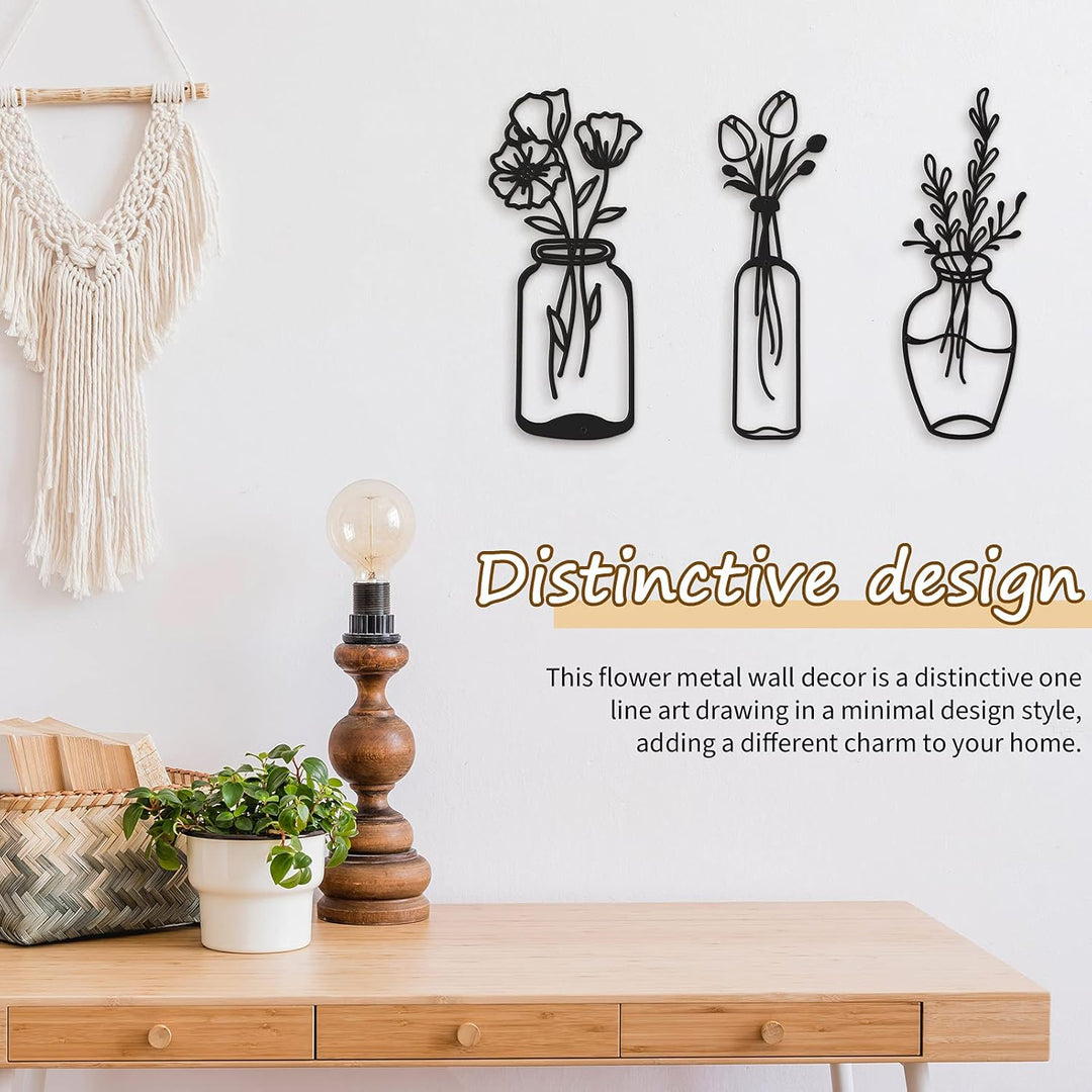 3 Stück Metall Blume Wanddekor Minimalistische Vase Wandkunst Schwarze Tulpe Draht Eisen Dekor Blume