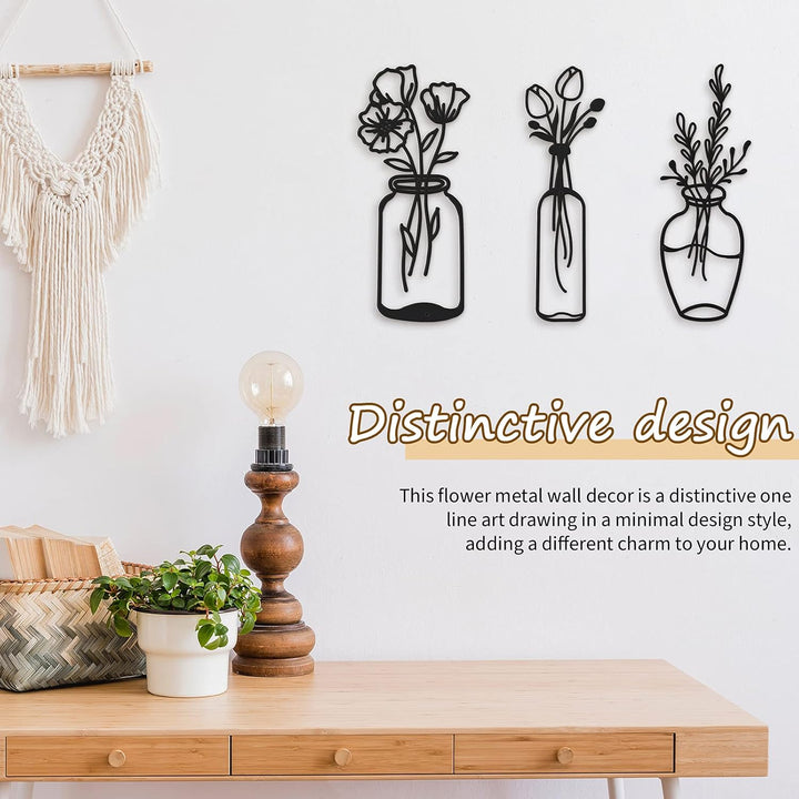 3 Stück Metall Blume Wanddekor Minimalistische Vase Wandkunst Schwarze Tulpe Draht Eisen Dekor Blume