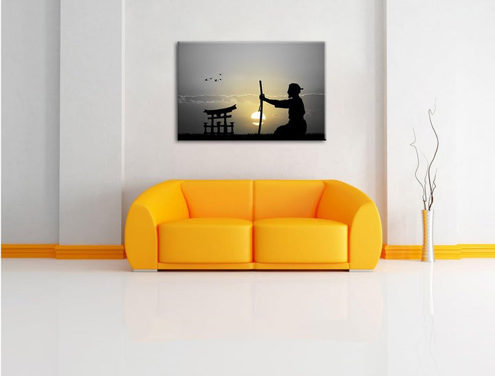 Pixxprint Alter Samurai-Meister vor Horizont B&W Detail, Format: 100x70 auf Leinwand, 100x70