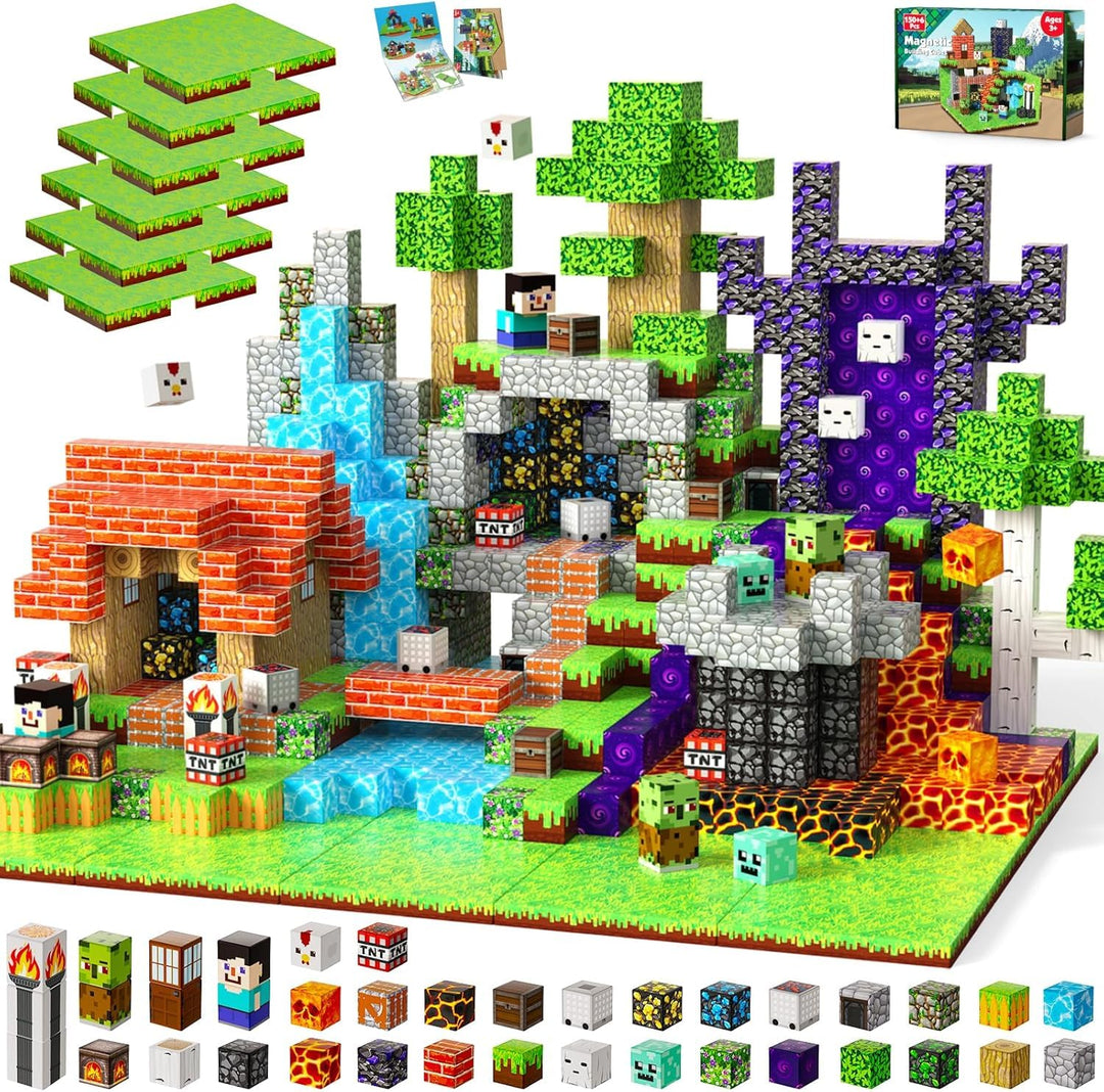 Magnetische Bausteine 150 Teile - Wald & Minentunnel Set mit 6 Grasplatten - Magnetbausteine für Jun