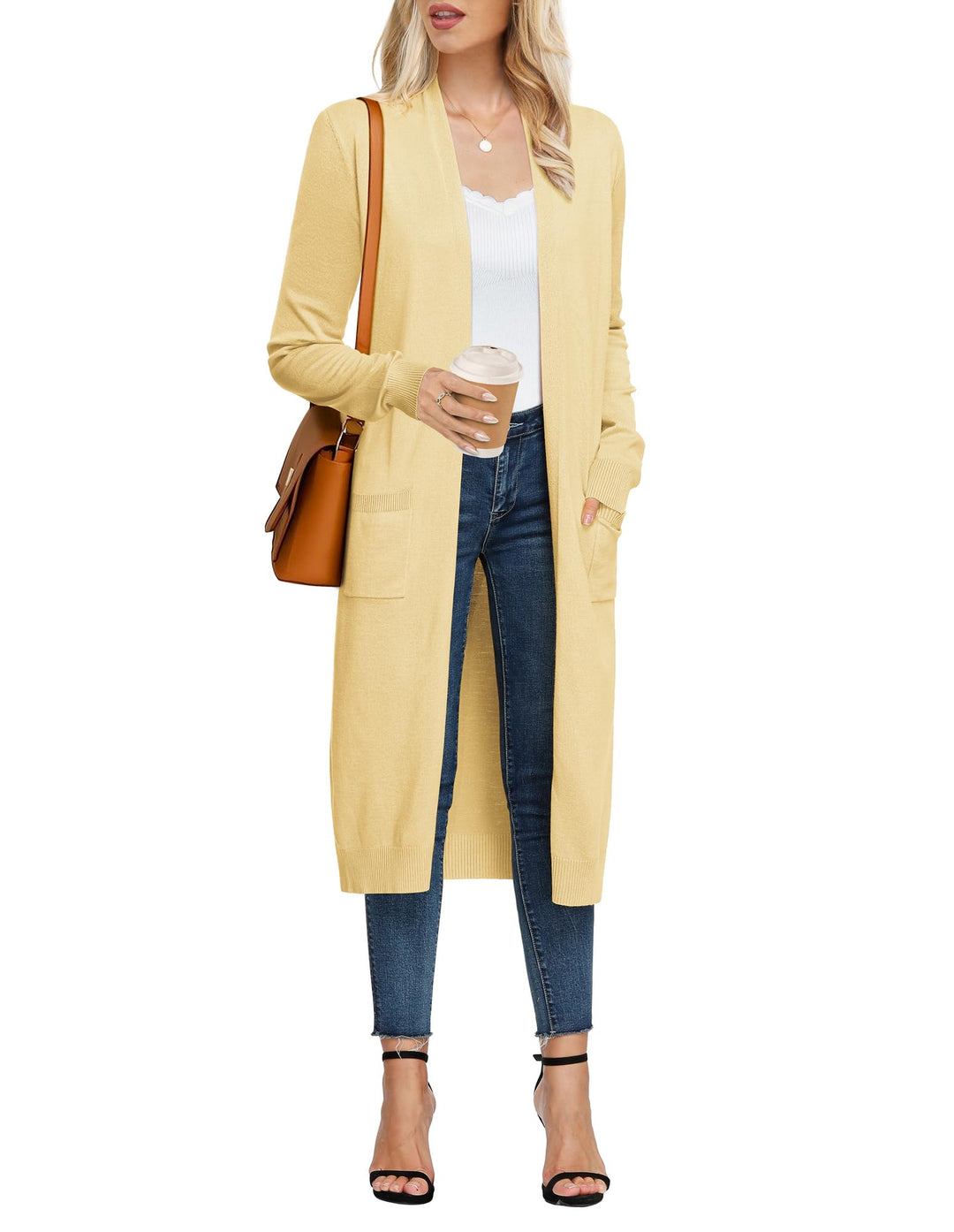 GRACE KARIN Damen Strickjacke Lang Langarm Casual Cardigan Sweater Open Front S Hellgelb, S Hellgelb