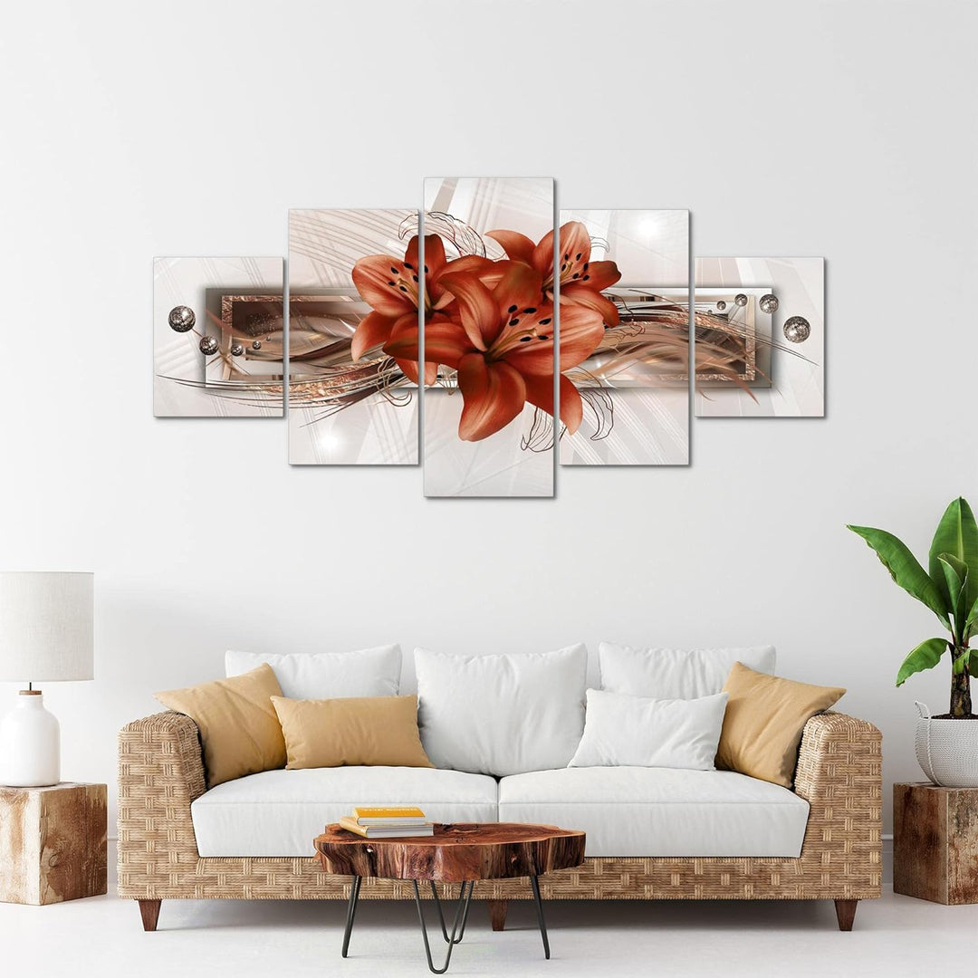 Runa Art - Bilder Blumen Lilien 200 x 100 cm 5 Teilig XXL Wanddekoration Design Beige Braun 008751b