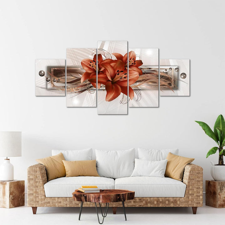 Runa Art - Bilder Blumen Lilien 200 x 100 cm 5 Teilig XXL Wanddekoration Design Beige Braun 008751b