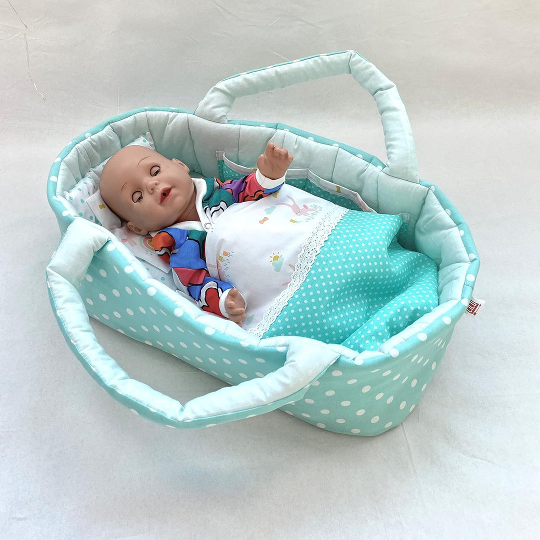 Puppentragetasche für Puppen 45-50 cm mit Bettwäsche, Pastell Grün, Hasen, Polka Dot, Baumwolle, Was