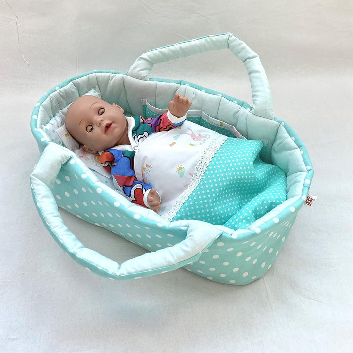 Puppentragetasche für Puppen 45-50 cm mit Bettwäsche, Pastell Grün, Hasen, Polka Dot, Baumwolle, Was
