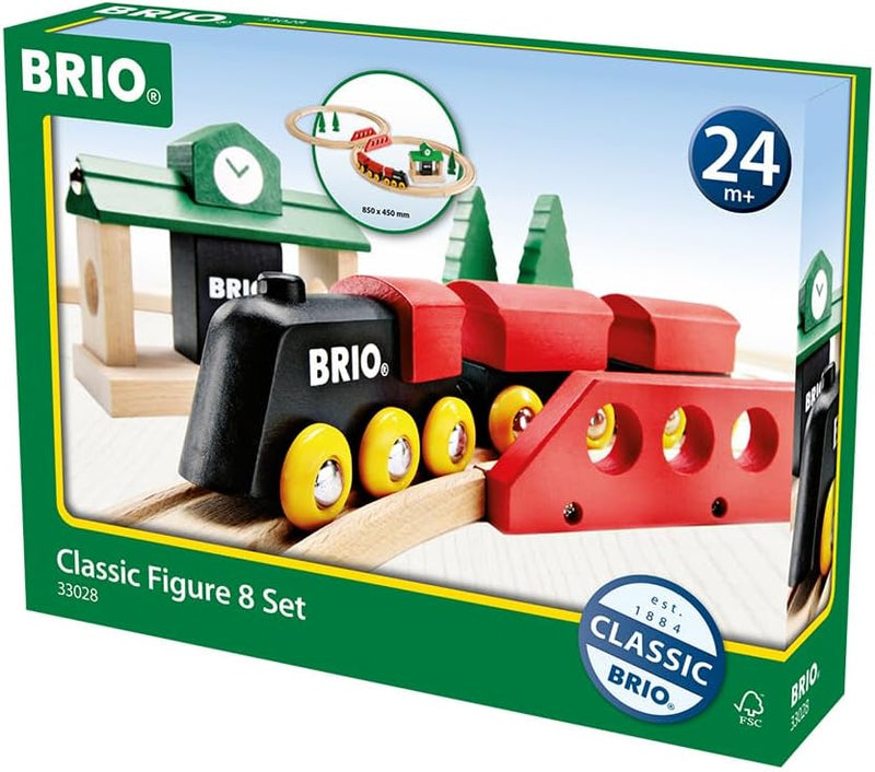 BRIO 33028 - Bahn Acht Set Classic Line - Zwei Schienenkreise mit Frachtzug, Holzbahnhof und Holzbrü