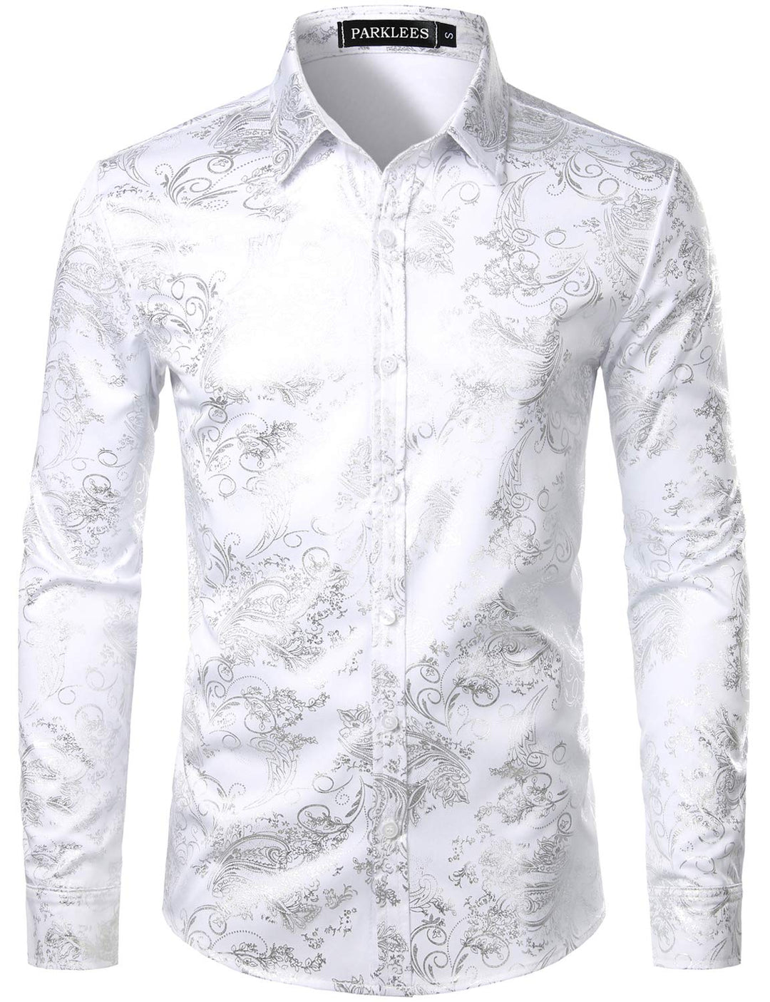 PARKLEES Herren Luxus Paisley Gemustert Golden Glänzend Slim Fit Freizeithemd XL Weiss Silber, XL We