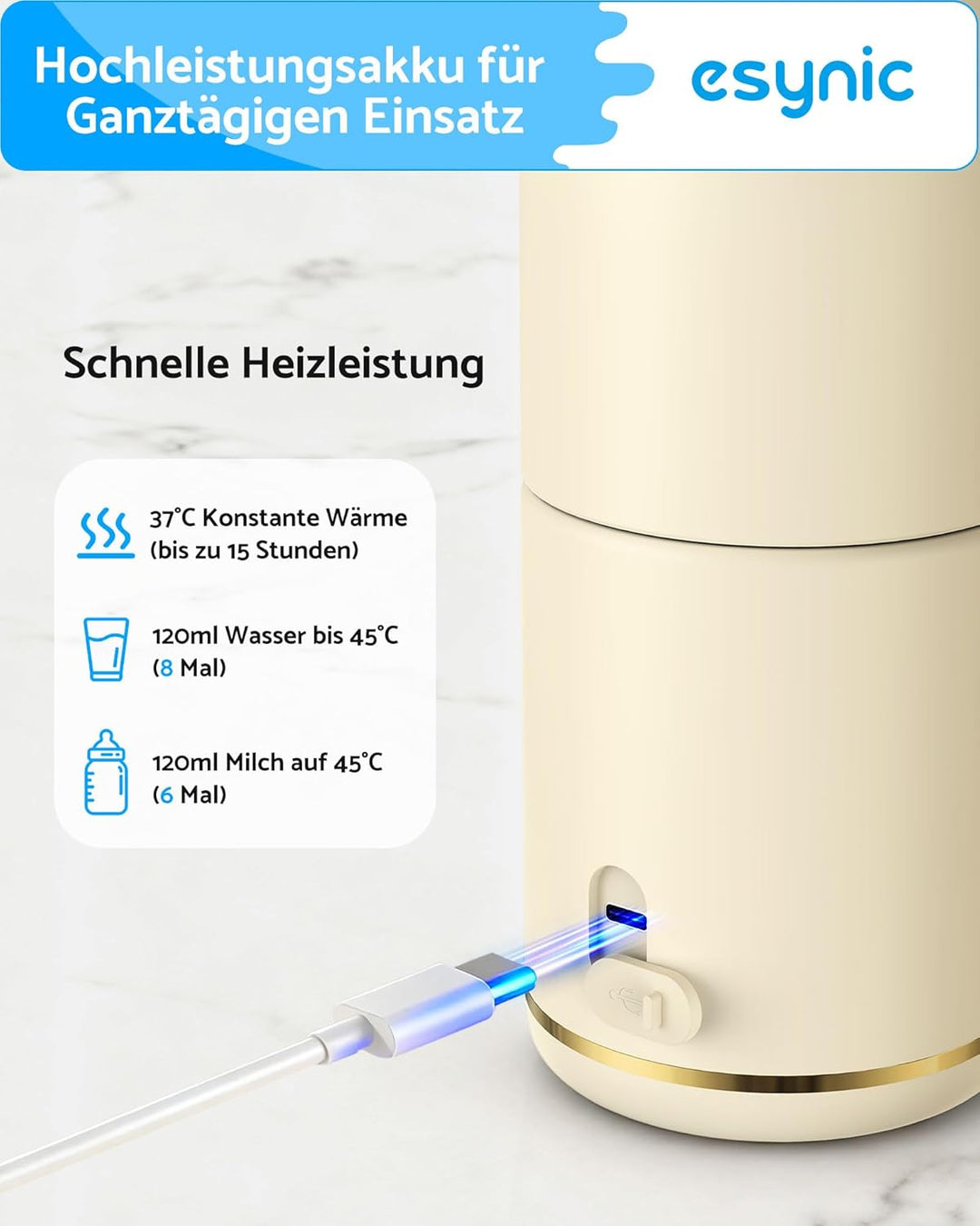 eSynic Babyflaschenwärmer 450ml Kapazität 15000mAh Akku Tragbarer Flaschenwärmer Edelstahl 316 Schne