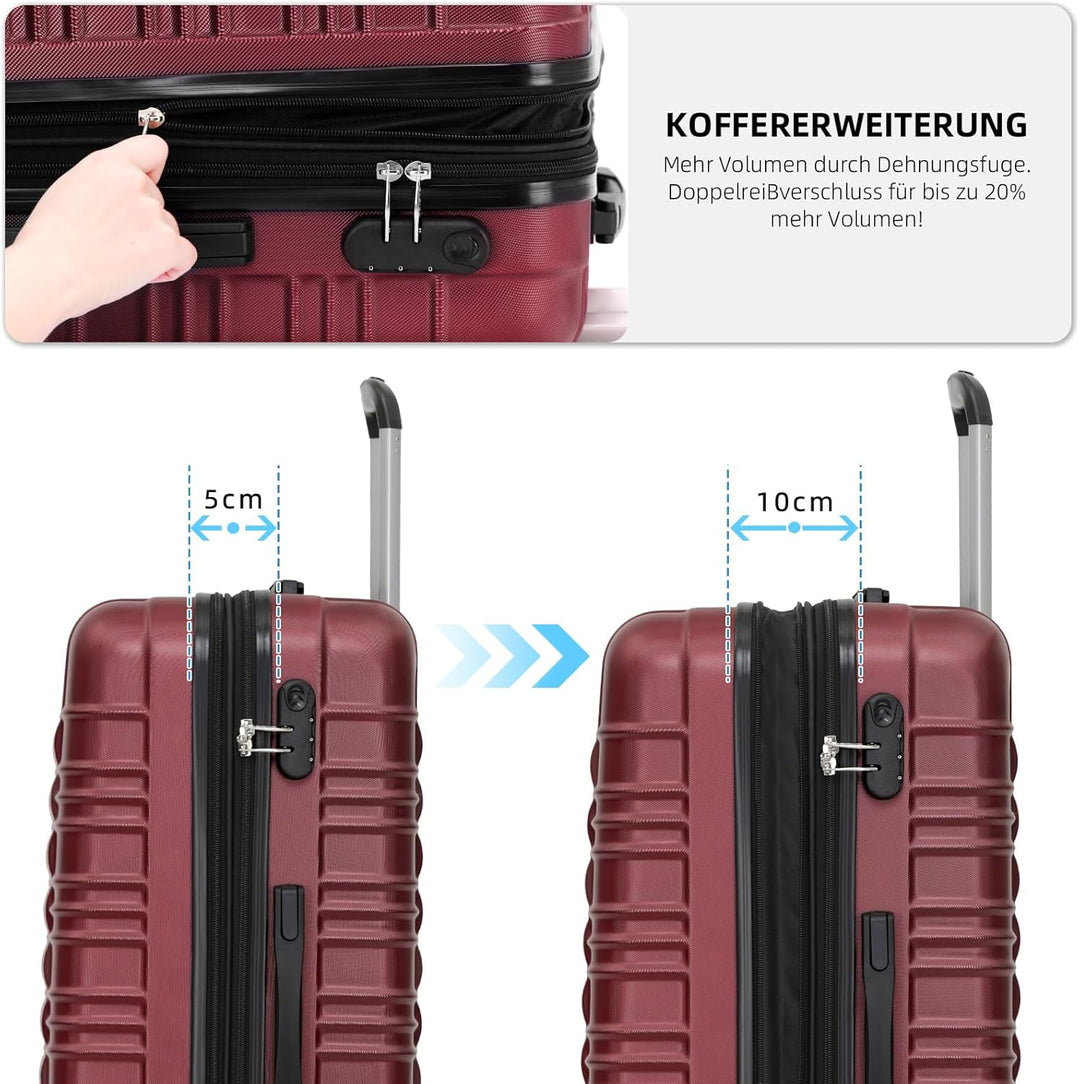 BEIBYE 2088 Zwillingsrollen Reisekoffer Koffer Trolleys Hartschale M-L-XL-Set (Weinrot, L)