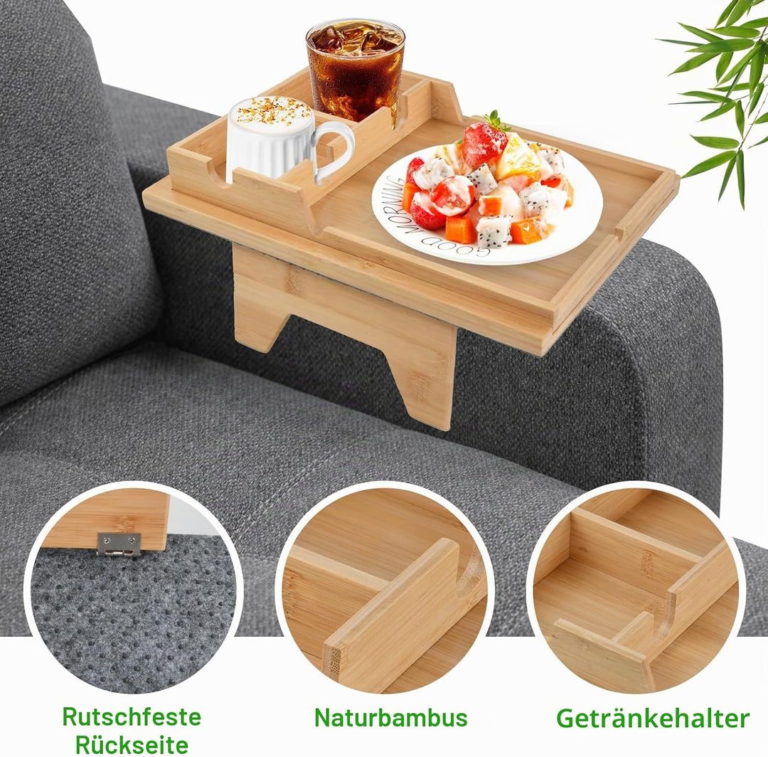 Mapille Sofatablett 2-in-1, Bambus Sofa Armlehnen Tablett mit Getränkehalter und Tablet Ständer, Ver