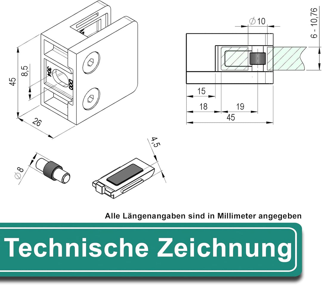 PRIOstahl Glashalter 4 Stück Glasklemmen Klemmhalter Glasplattenhalter mit Sicherungsplatte + Sicher