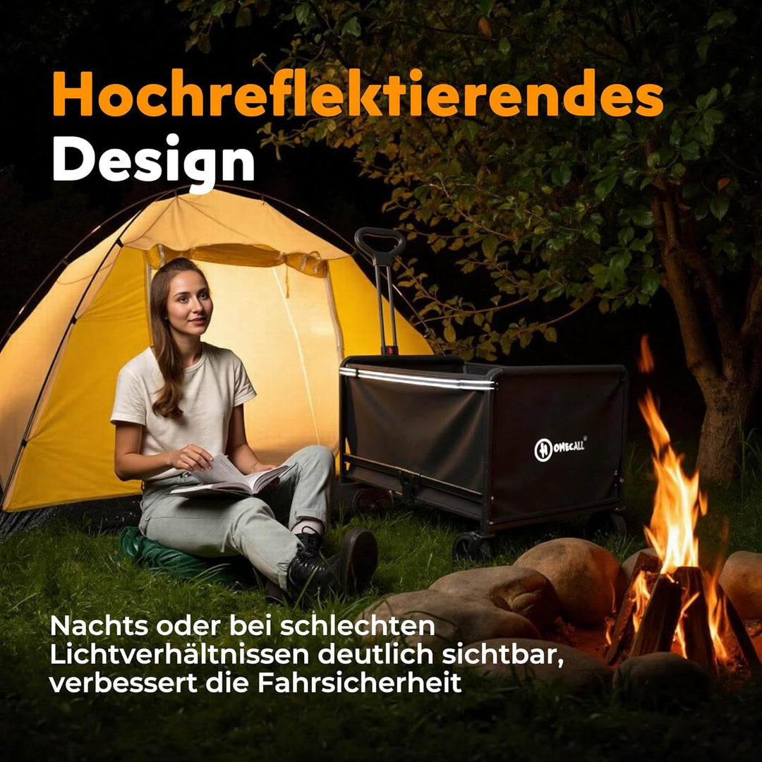 Bollerwagen faltbar 120L Bis 120KG Strandwagen Klappbar mit Regenschutz, Becherhalter, Reflektorstre