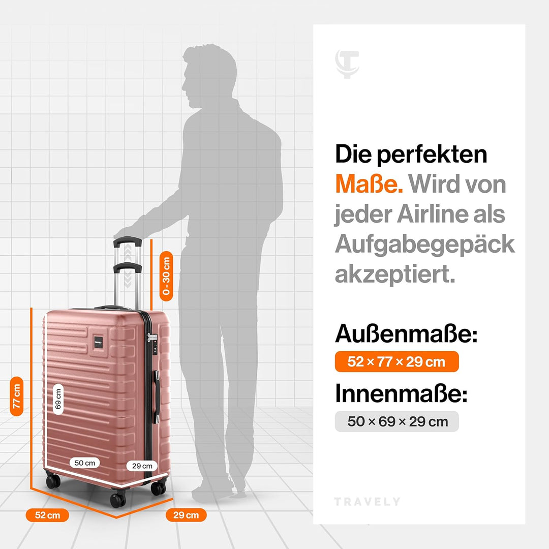 Travely Polycarbonat Koffer Gross 77cm XL - 100L Innenvolumen - 158cm Gurtmass, sehr robuster Hartsc