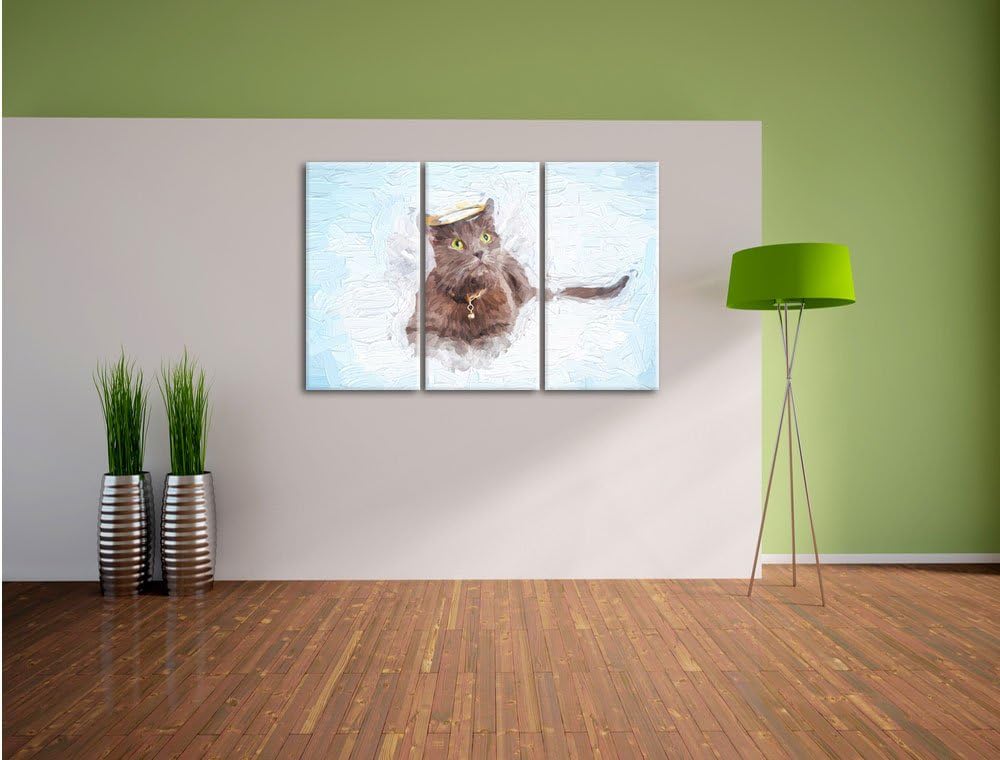 Pixxprint Katzen-Engel im Himmel / 3-Teilig/Gesamtmass 120cm Leinwandbild bespannt auf Holzrahmen/Wa