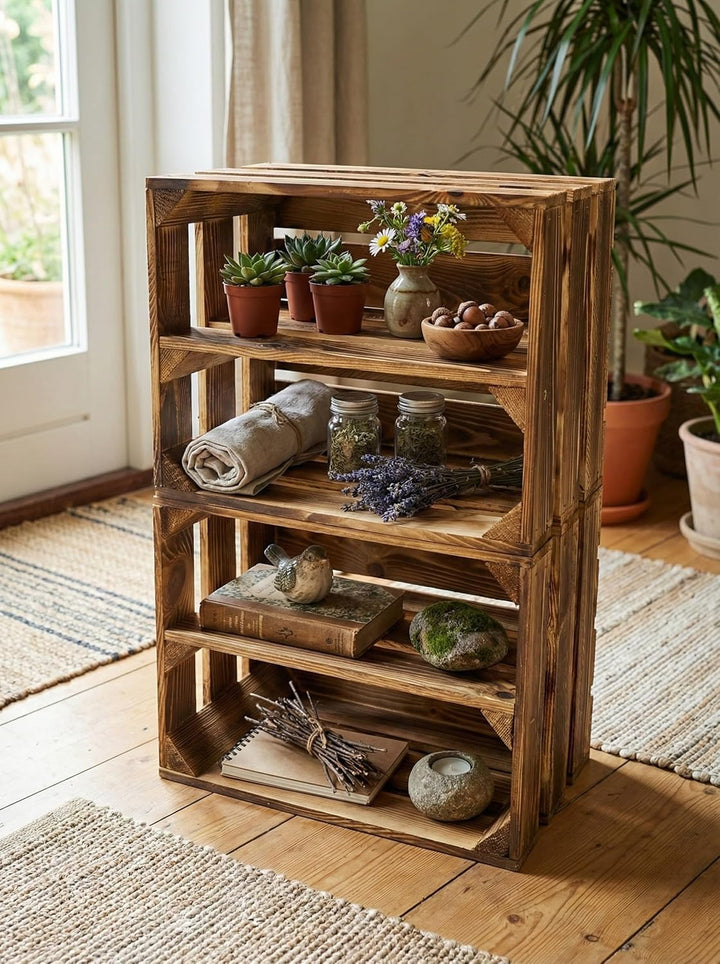 Teramico Vintage Holzkisten 40 x 30 x 25cm geflammt | Weinkisten &amp; Obstkisten | Set-Angebote (4er Se