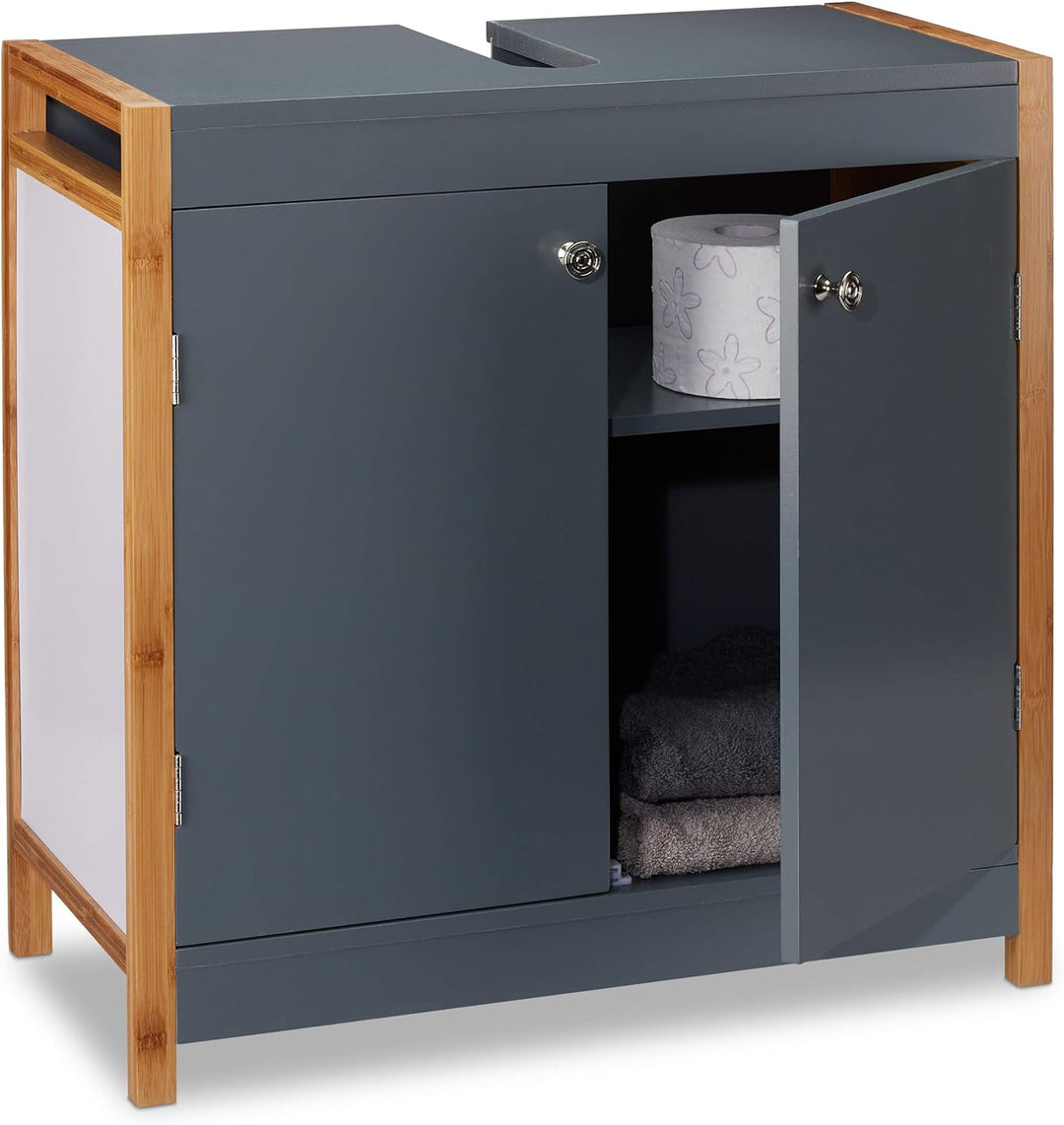 Relaxdays Waschbeckenunterschrank mit Bambusrahmen, verstellbarer Einlegeboden, Aussparung, HxBxT: 6