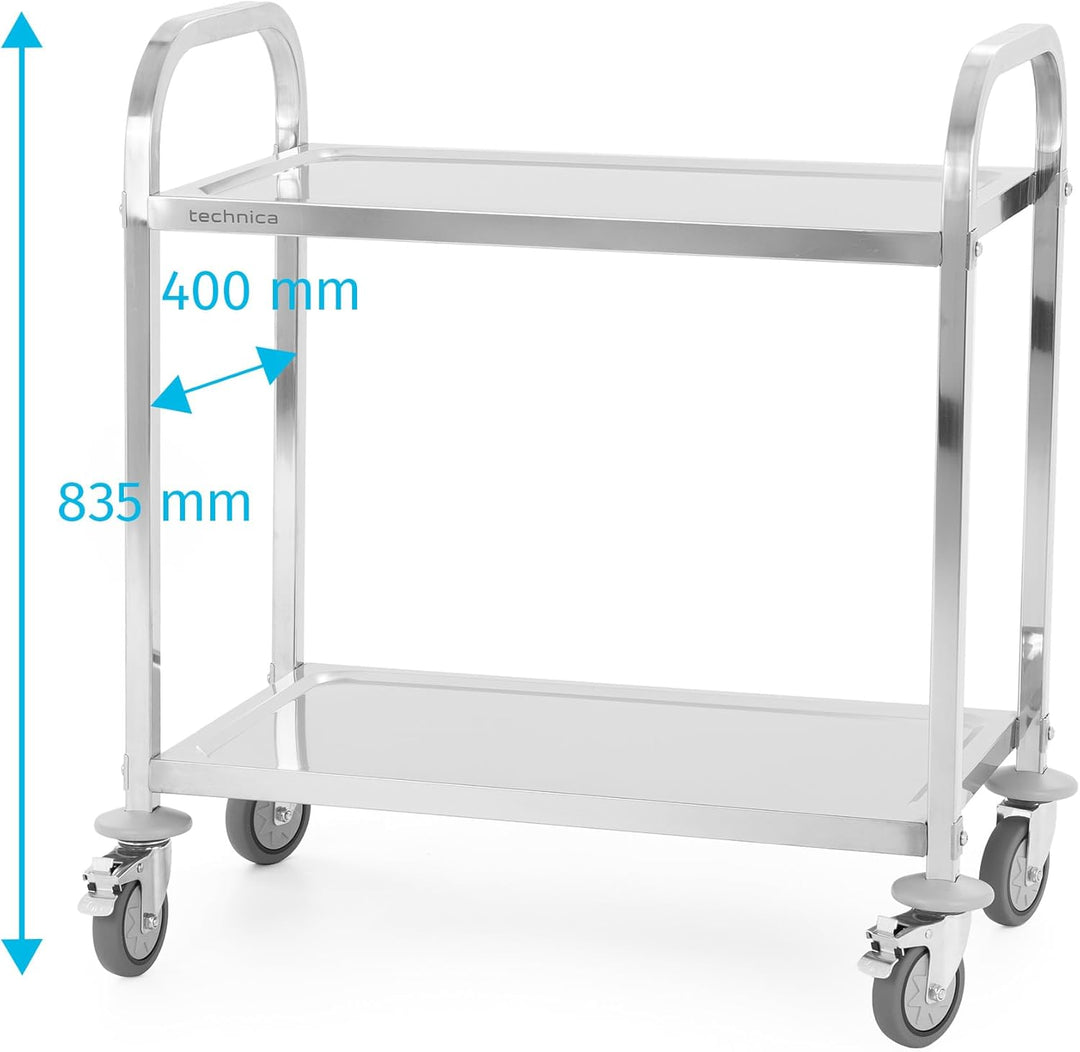 TECHNICA Servierwagen Edelstahl 2 Etagen mit Rollen & Bremse Quadratischer Griff 750x400x835mm Rollw