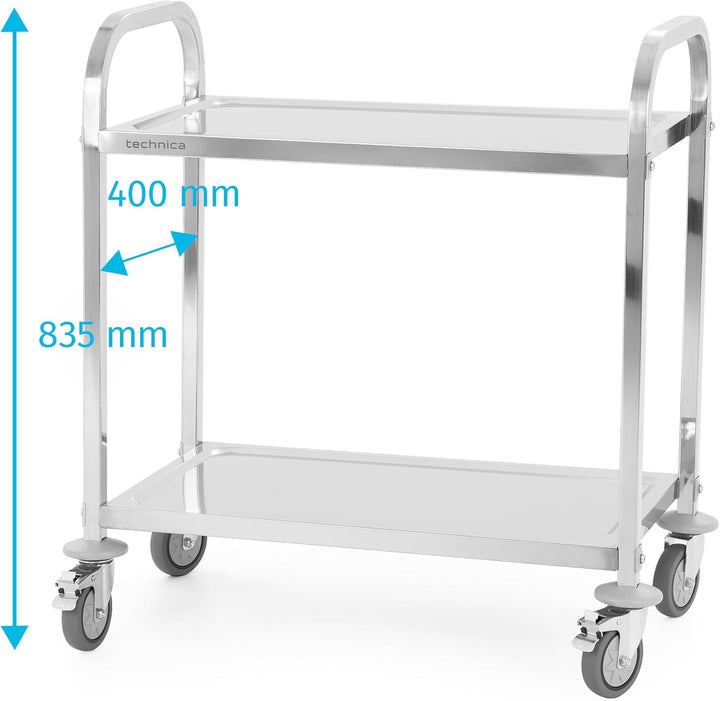 TECHNICA Servierwagen Edelstahl 2 Etagen mit Rollen & Bremse Quadratischer Griff 750x400x835mm Rollw