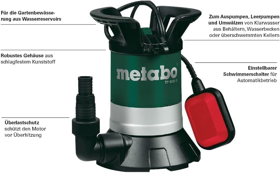 Metabo Klarwasser-Tauchpumpe TP 8000 S – 0250800000 – Nennaufnahmeleistung: 350 W – Max. Fördermenge