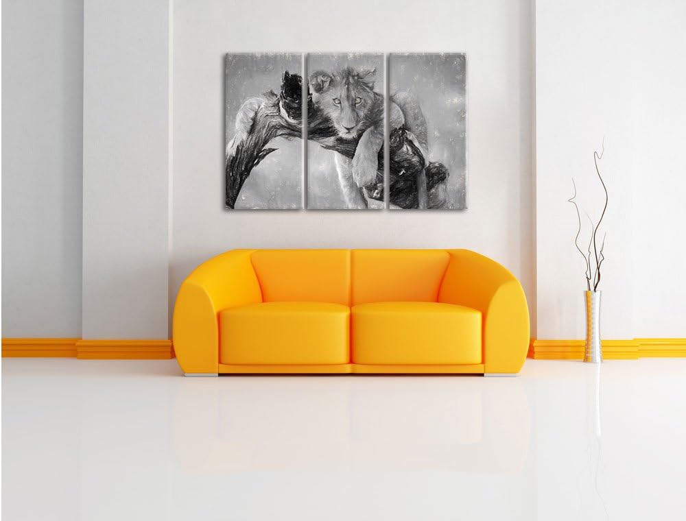 Pixxprint Junger Löwe in der Natur Kunst Kohle Effekt 3-Teiler Leinwandbild 120x80 Bild auf Leinwand
