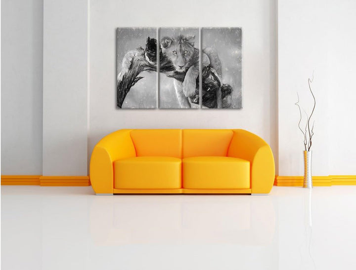 Pixxprint Junger Löwe in der Natur Kunst Kohle Effekt 3-Teiler Leinwandbild 120x80 Bild auf Leinwand