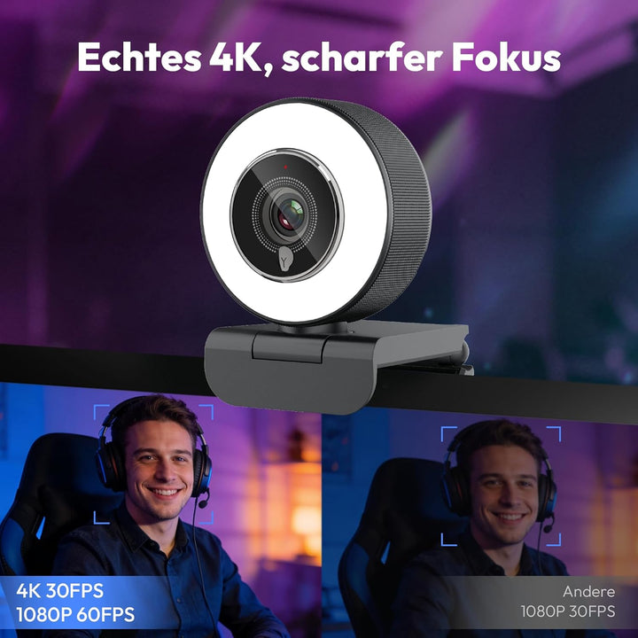 Angetube 4K Webcam mit Licht,PC-Kamera mit Zwei Mikrofonen,1080P@60FPS für flüssiges Streaming,USB-A