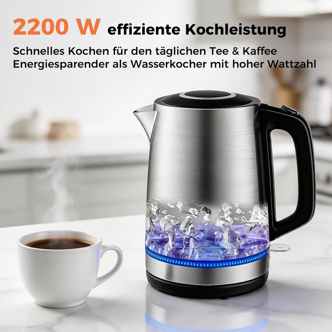 YASHE Wasserkocher Edelstahl 1,7L, 2200W Schneller Elektrischer Wasserkocher mit Kalkfilter, Wasserk