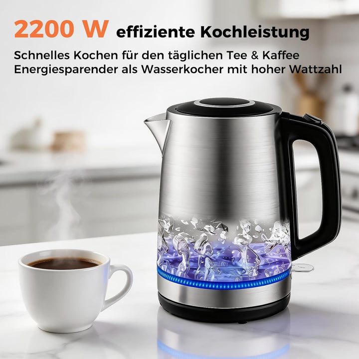 YASHE Wasserkocher Edelstahl 1,7L, 2200W Schneller Elektrischer Wasserkocher mit Kalkfilter, Wasserk