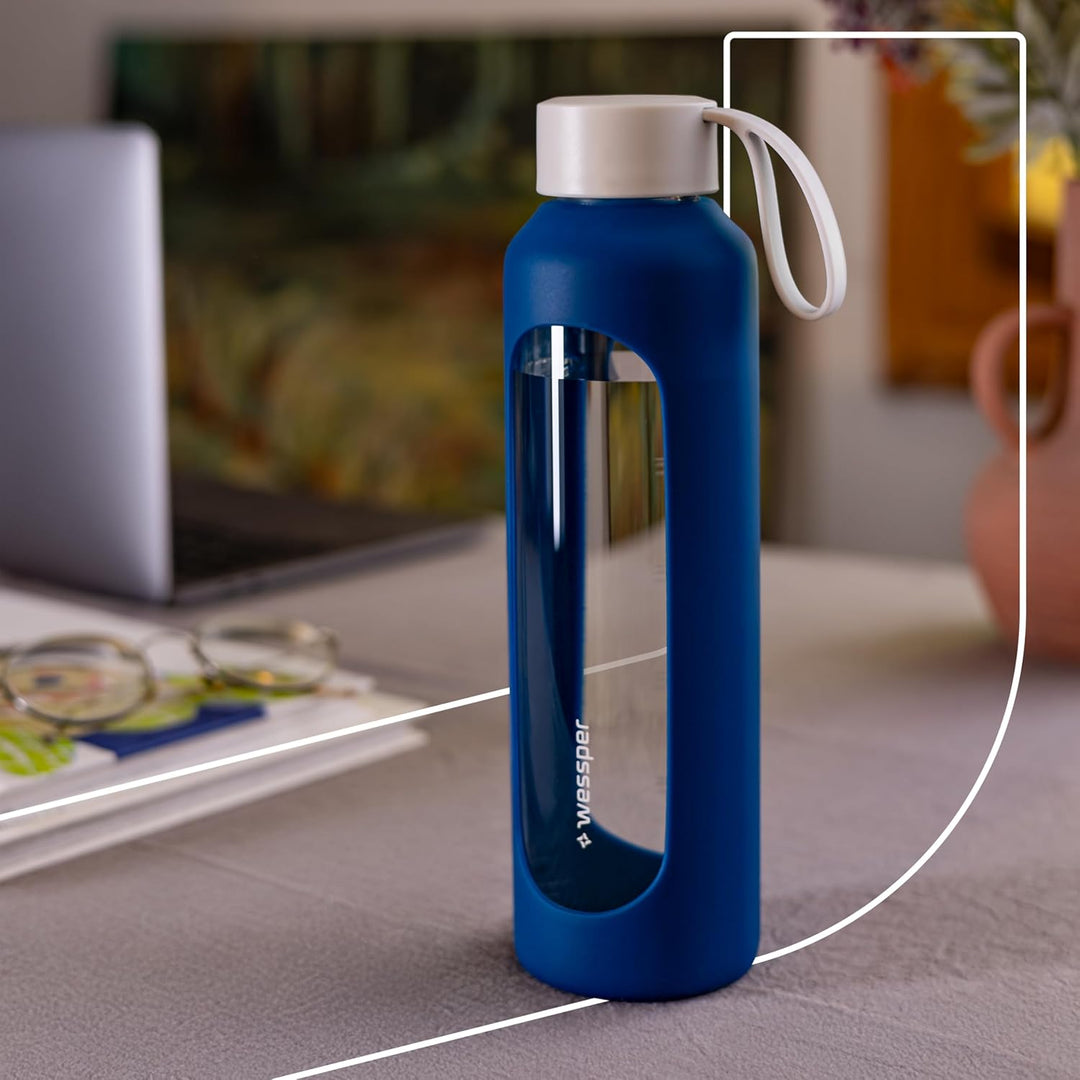 Wessper Trinkflasche Glas 500 ml, Motivations wasser glasflasche mit Hydrationsskala, borosilikatgla