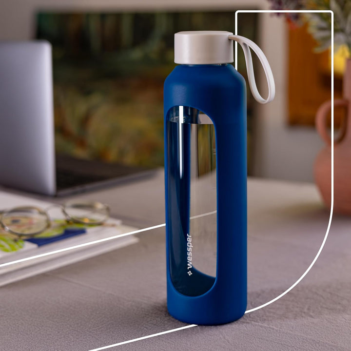 Wessper Trinkflasche Glas 500 ml, Motivations wasser glasflasche mit Hydrationsskala, borosilikatgla