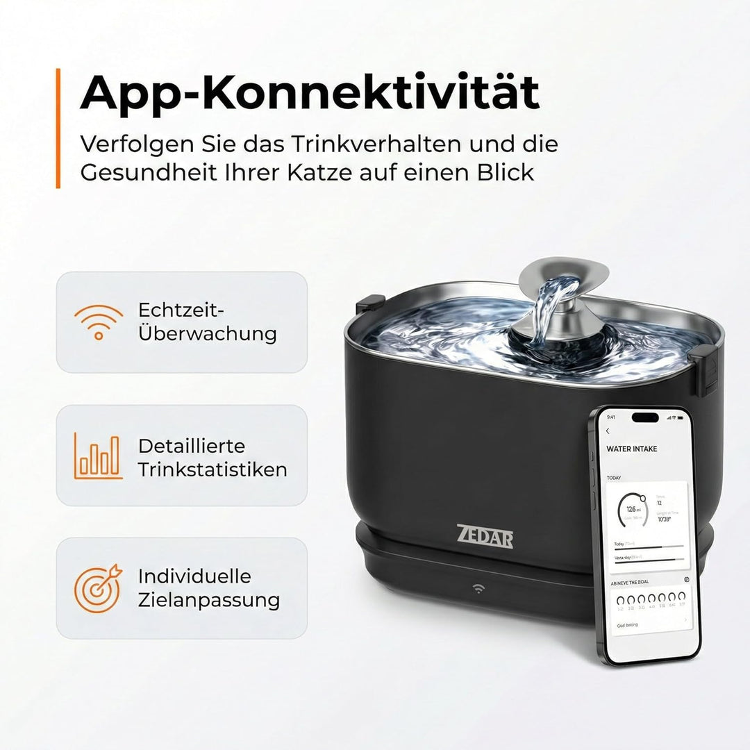 Zedar WF600 Edelstahl Drahtloser Trinkbrunnen mit APP für Katze oder Hund - Inklusive 3 Filtern - Ka