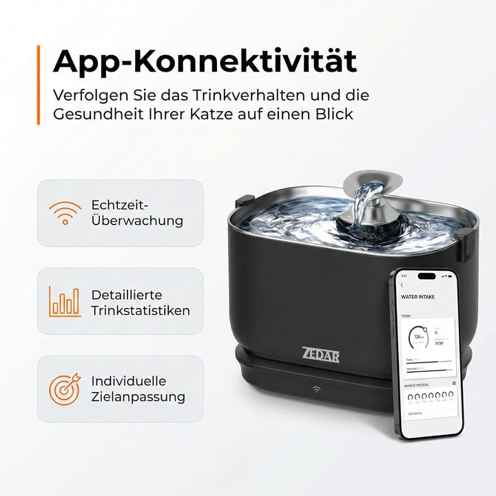 Zedar WF600 Edelstahl Drahtloser Trinkbrunnen mit APP für Katze oder Hund - Inklusive 3 Filtern - Ka