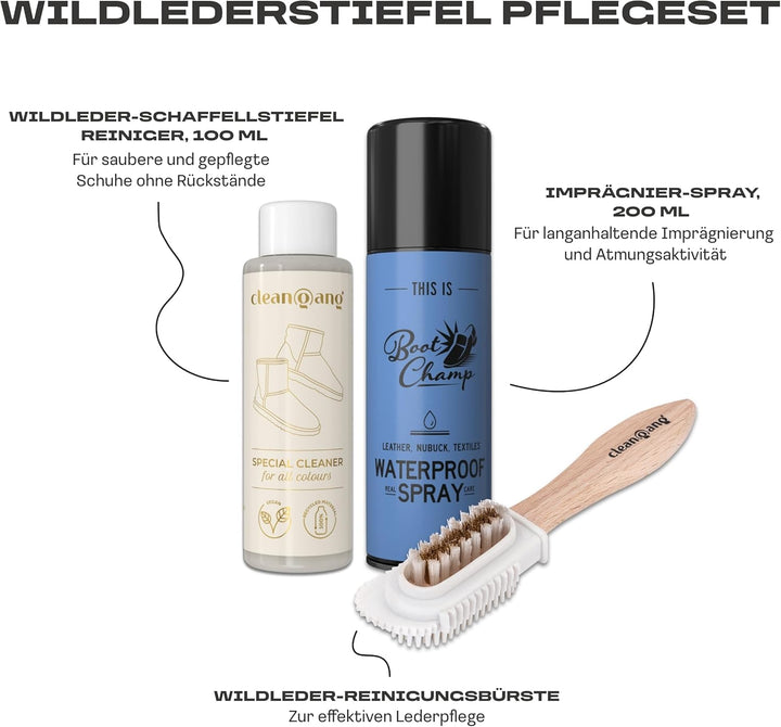 cleangang Schuhpflegeset für Rauleder - Imprägnierspray + Reiniger + Nubuk- & Wildleder-Reinigungsbü