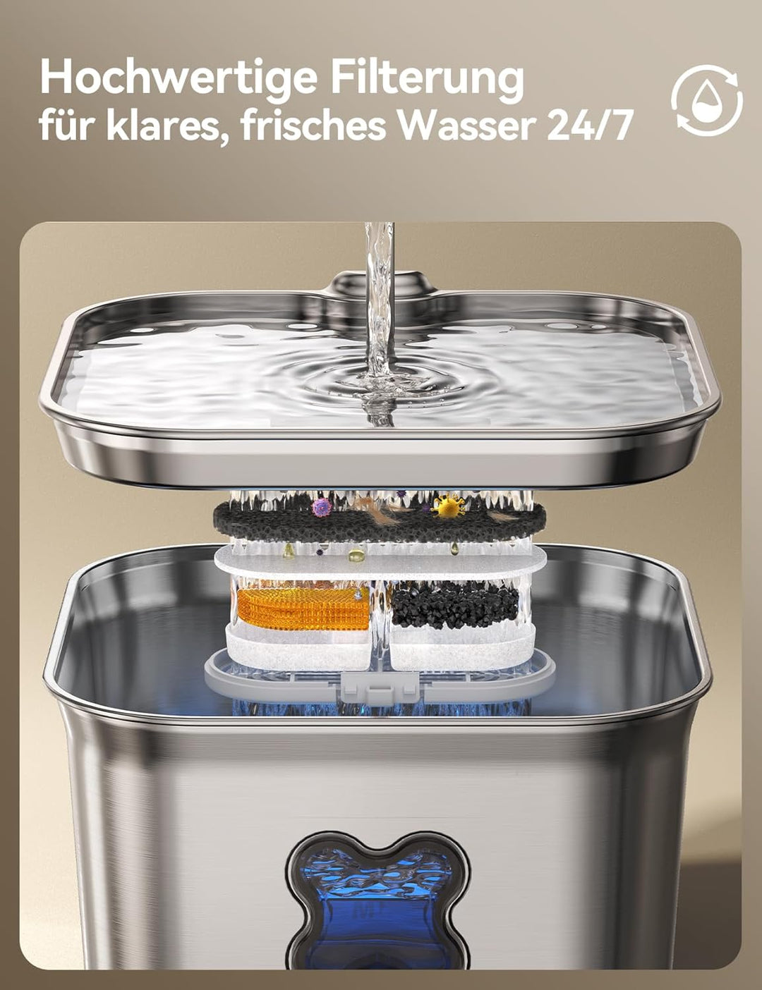 FEELNEEDY Katzenbrunnen Edelstahl, 2,8L Trinkbrunnen für Katze mit Kabel, Einfach zu Reinigen, katze