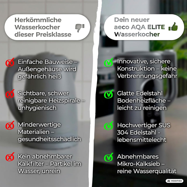 aeco AQA ELITE elektrischer Wasserkocher Edelstahl schwarz-matt mit Temperatureinstellung Tee-Kocher