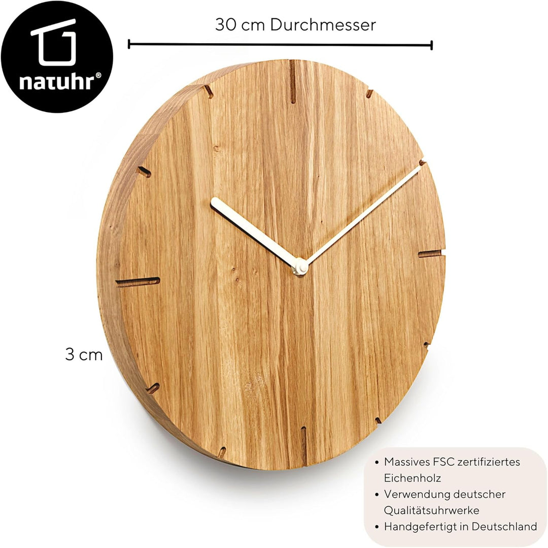 Natuhr Wanduhr Eiche geölt Holz Solide Massivholz, geräuscharmes U.T.S. Uhrwerk, puristisch, modern,
