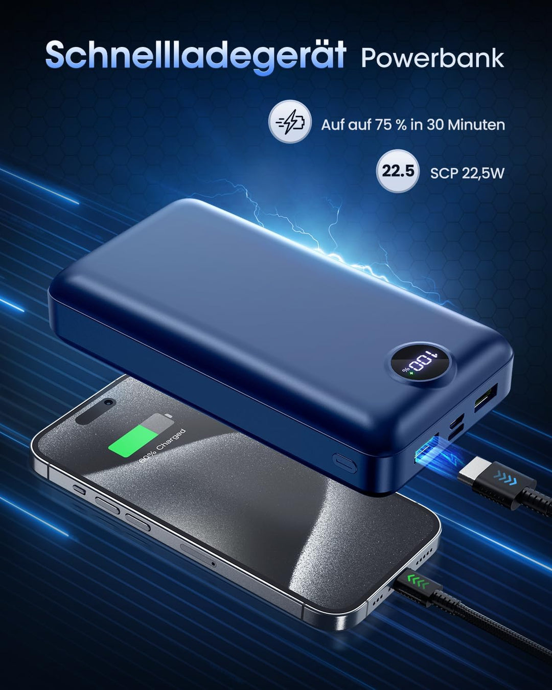 PowerBank 50000mAh grosse kapazität, 22,5W schnelles Aufladen externer Akku USB-C 3 Ausgänge und 2 E