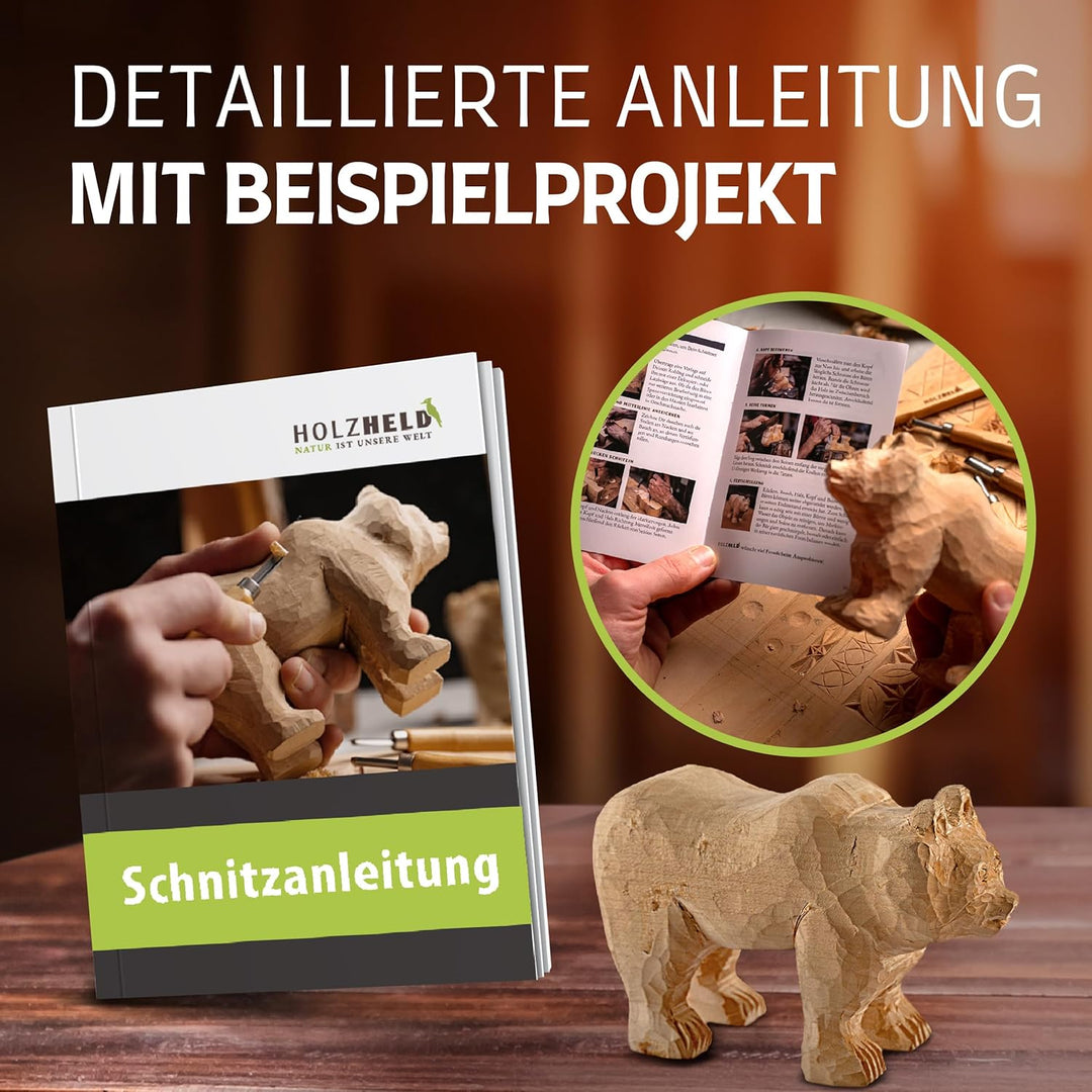 HOLZHELD Holzschnitzwerkzeug Set (14-teilig) mit Anleitung für 1 Schnitzprojekt - 12 Schnitzmesser a