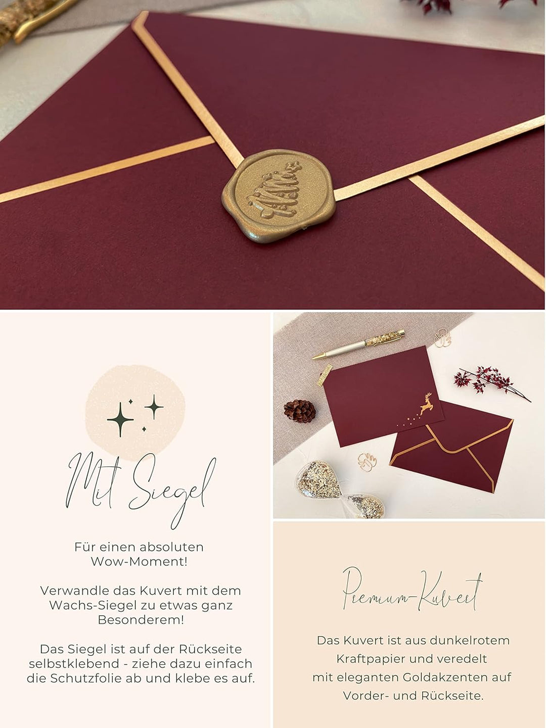 25 Premium Briefumschläge Weihnachten - Weihnachtskuvert heissfolienveredelt mit Rentier mit Wachs-S