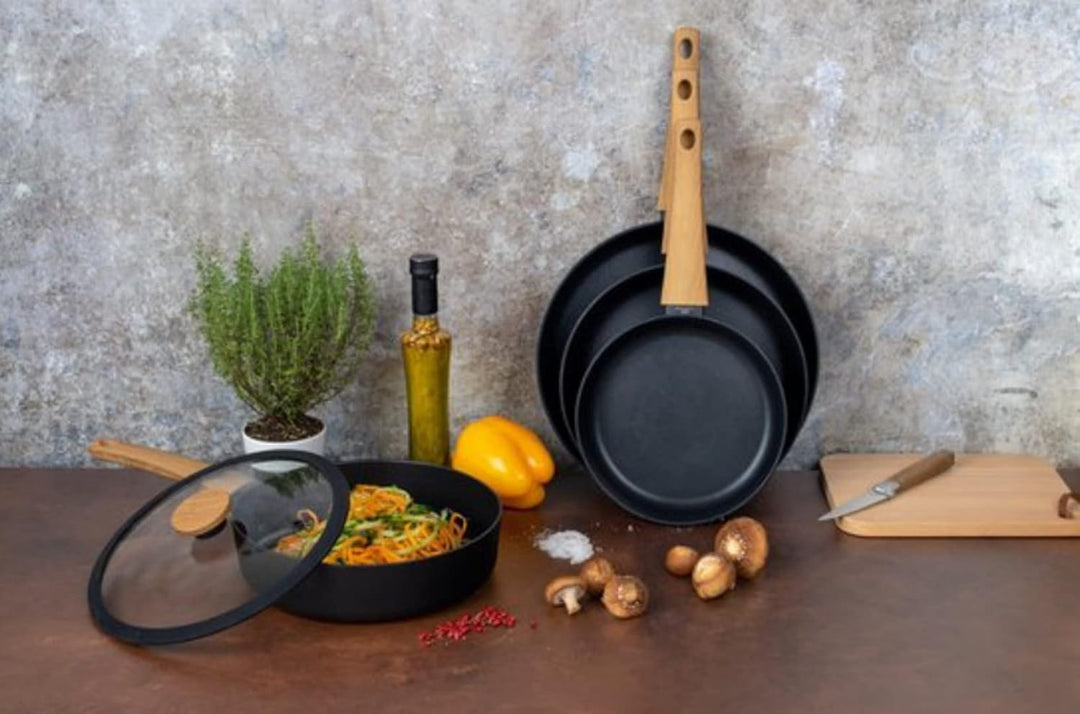 Pfannenset Induktion 3 tlg, Schmorpfanne 24cm hoher Rand mit Deckel, Pfanne 28 cm, Spülmaschinenfest