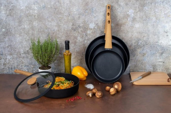 Pfannenset Induktion 3 tlg, Schmorpfanne 24cm hoher Rand mit Deckel, Pfanne 28 cm, Spülmaschinenfest