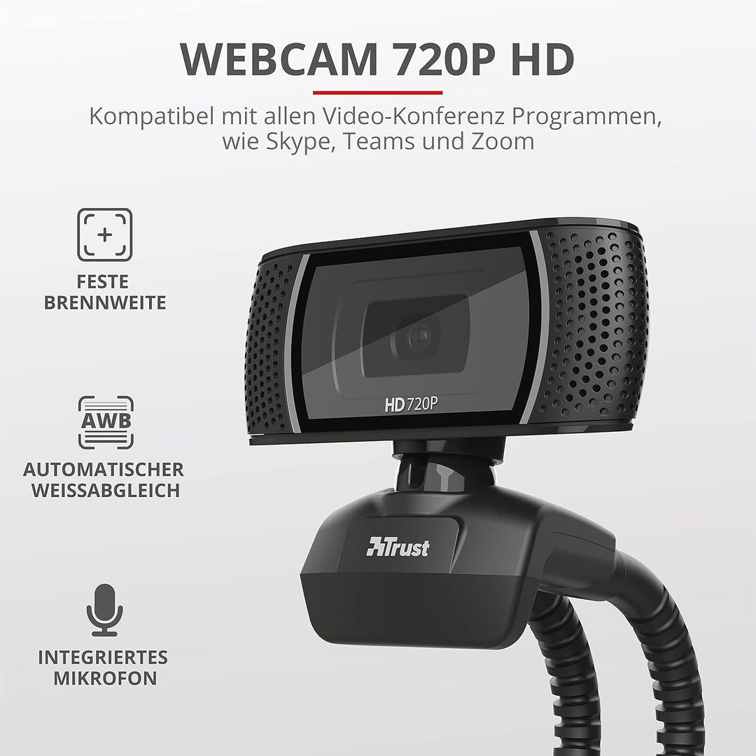 Trust Trino HD Webcam mit Mikrofon, 1280 x 720, 30 FPS, PC Kamera mit Flexibler Ständer und Automati