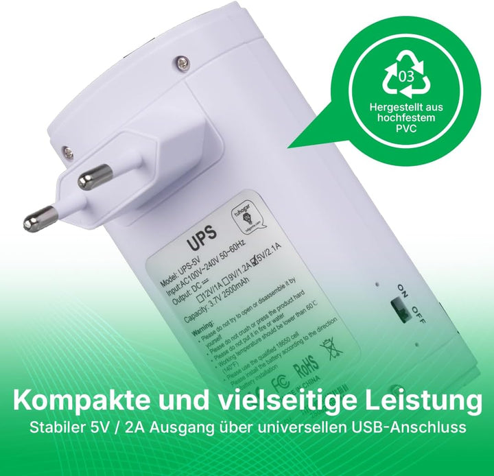Mini-UPS 5V mit 2500mAh internem Akku und USB-Anschluss | UPS für Kameras und andere 5V-Geräte (max.