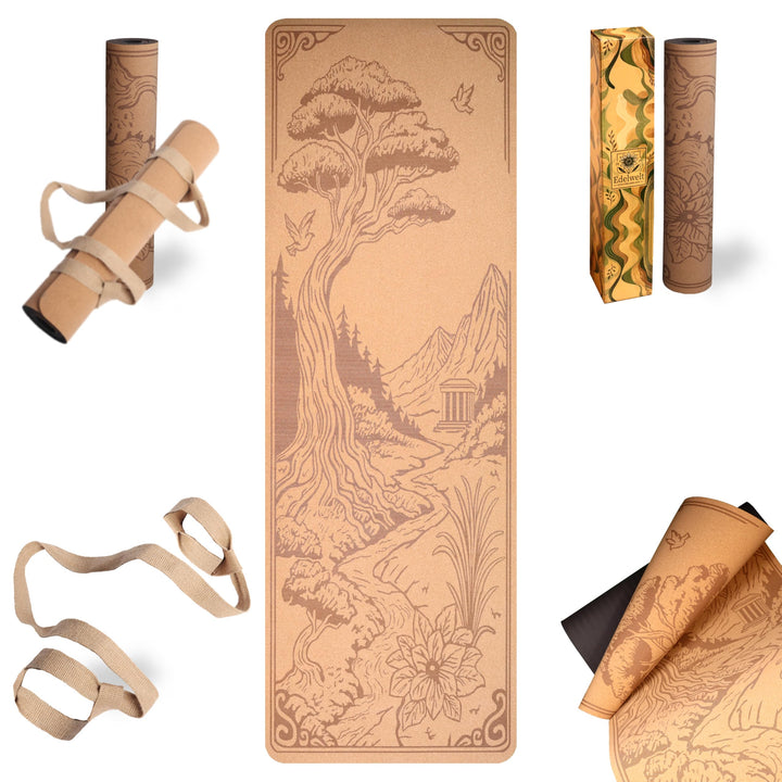 Yogamatte aus Kork – rutschfest &amp; nachhaltig – 183×61cm mit 5mm dicker Matte, Tragegurt &amp; Lasergravu